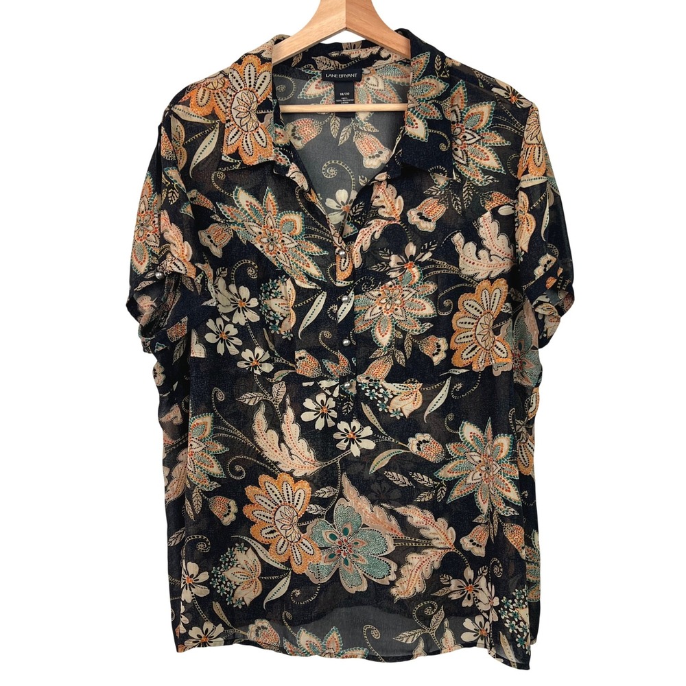 Lane Bryant Black Dark Floral  Sheer Blouse Short Sleeve Womens‎ Size 18/20